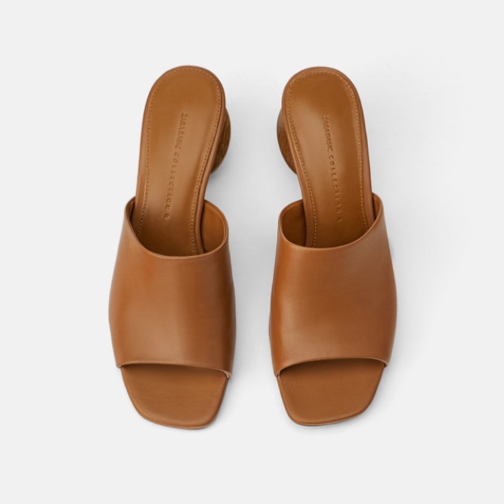 Zara leather mules w/ geometric wood look heels - Picture 3 of 5